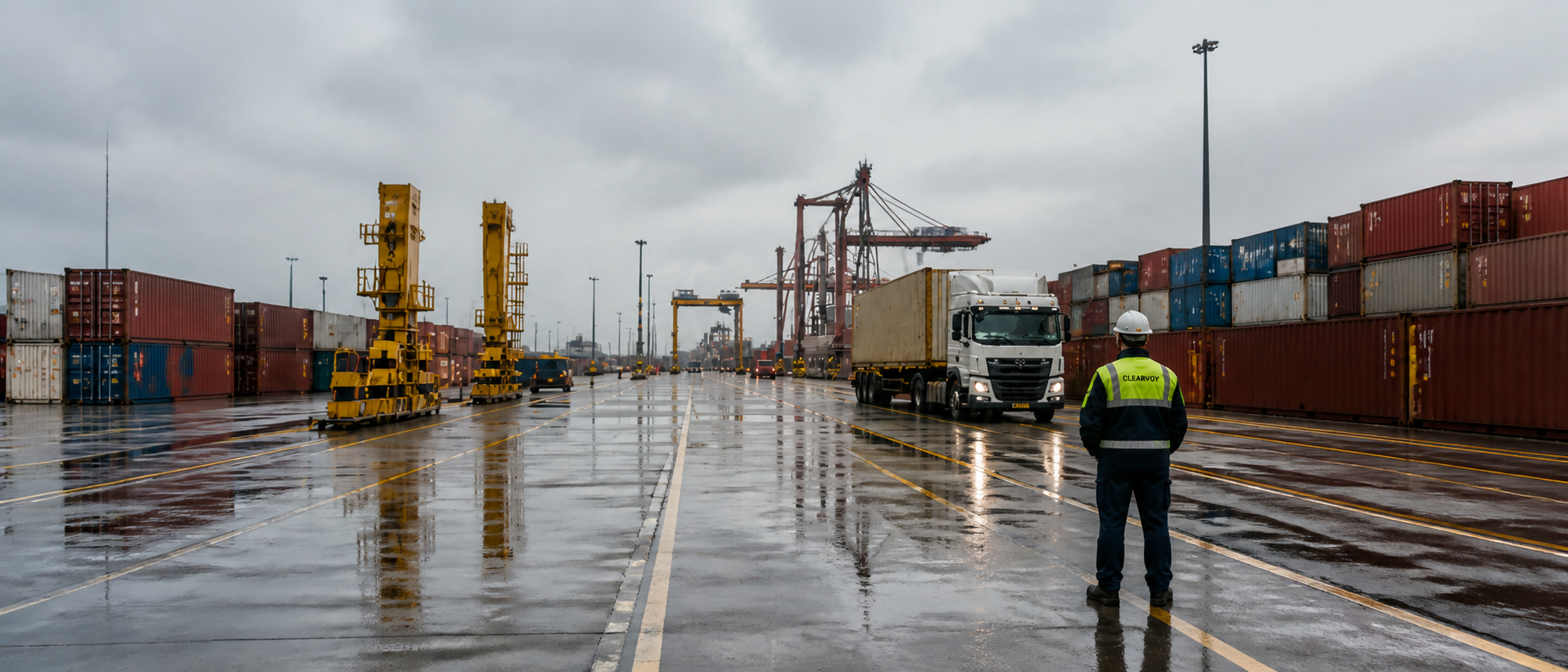 Clearvoy operations worker observing a freight truck in a rain-wet container terminal